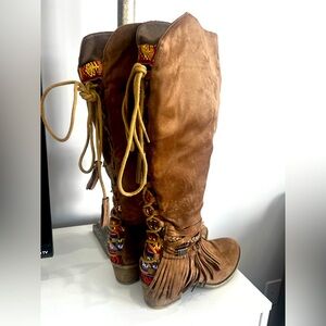 Brown Fringe Knee-High Boots